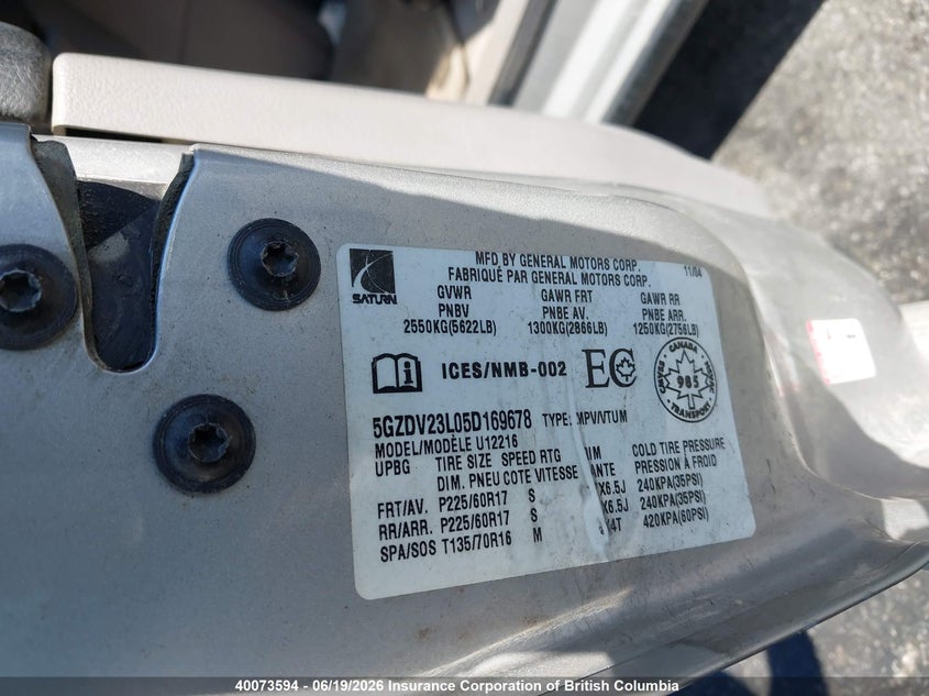 2005 Saturn Relay VIN: 5GZDV23L05D169678 Lot: 40073594
