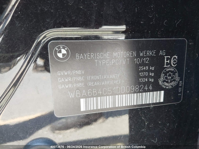 2013 BMW 650I VIN: WBA6B4C51DD098244 Lot: 40073676