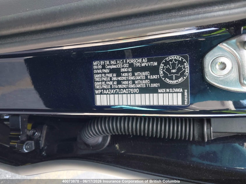 2020 Porsche Cayenne VIN: WP1AA2AY7LDA07590 Lot: 40073870