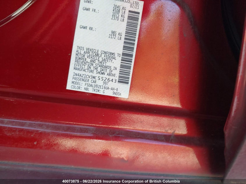 2021 Nissan Leaf VIN: 1N4AZ1CV3MC552643 Lot: 40073875
