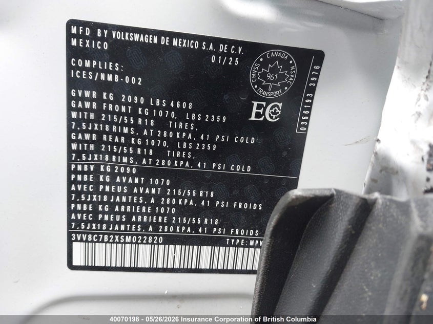 2025 Volkswagen Taos S VIN: 3VV8C7B2XSM022820 Lot: 40070198