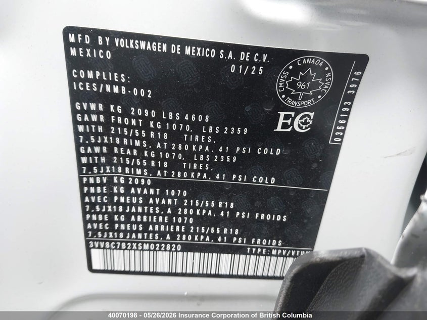 2025 Volkswagen Taos S VIN: 3VV8C7B2XSM022820 Lot: 40070198
