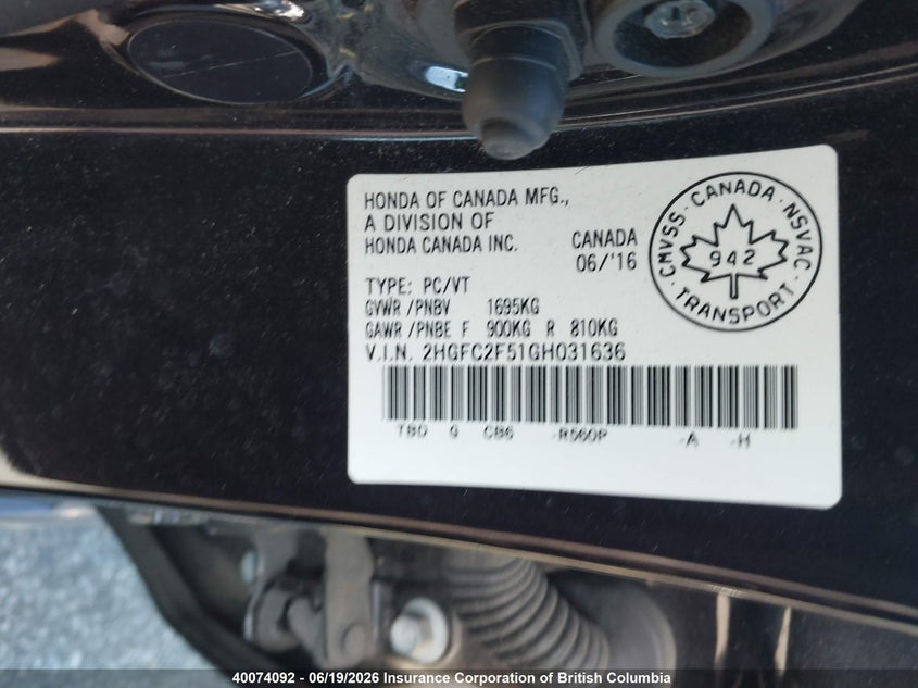 2016 HONDA CIVIC SEDAN 2.0L I-4 DOHC, VVT, 158HP