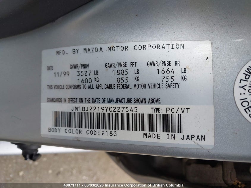 2000 Mazda Protege Es VIN: JM1BJ2219Y0227545 Lot: 40071711