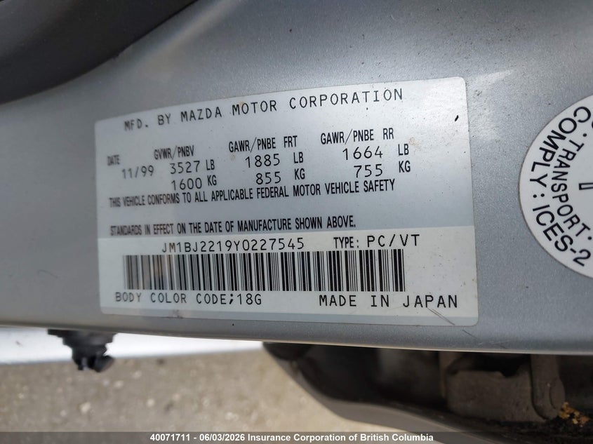 2000 Mazda Protege Es VIN: JM1BJ2219Y0227545 Lot: 40071711