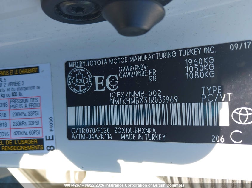 2018 Toyota C-Hr VIN: NMTKHMBX3JR035969 Lot: 40074267