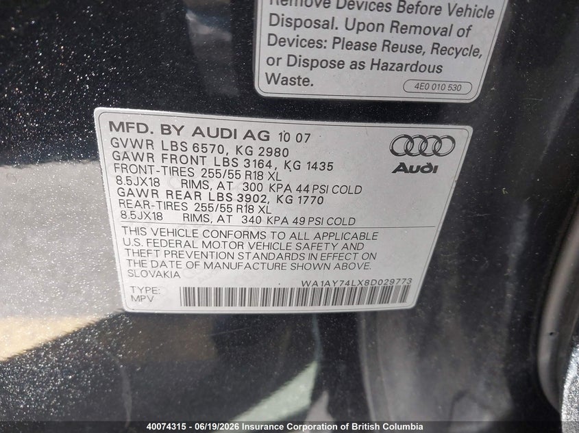 2008 Audi Q7 VIN: WA1AY74LX8D029773 Lot: 40074315