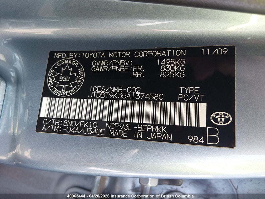 2010 Toyota Yaris VIN: JTDBT9K35A1374580 Lot: 40063444