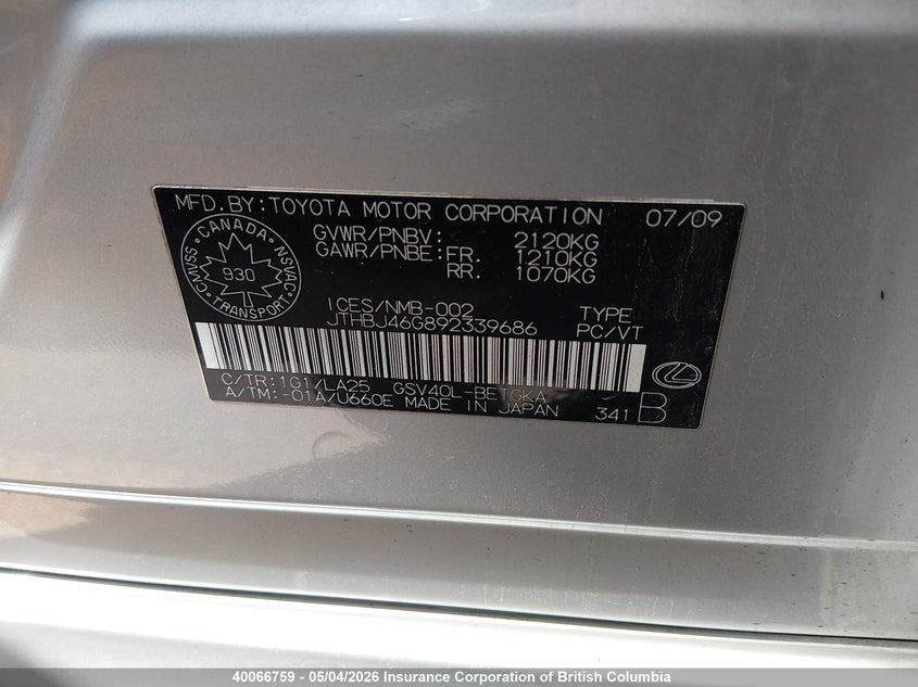 2009 LEXUS ES SEDAN 3.5L V-6 DOHC, VVT, 272HP