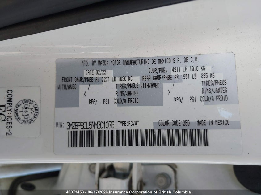 2022 Mazda 3 Premium VIN: 3MZBPBDL5NM301076 Lot: 40073453