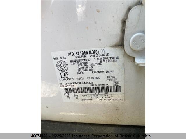 2020 FORD EXPLORER SPORT UTILITY VEHICLE 3.3L V6 FI DOHC 24V NF4