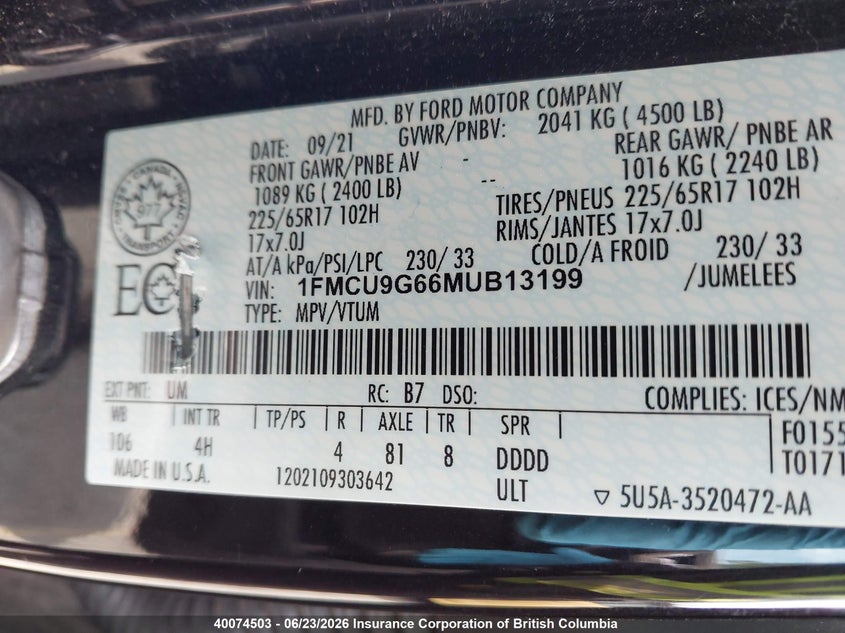 2021 FORD ESCAPE SPORT UTILITY VEHICLE 1.5L I3 FI DOHC 12V NF4