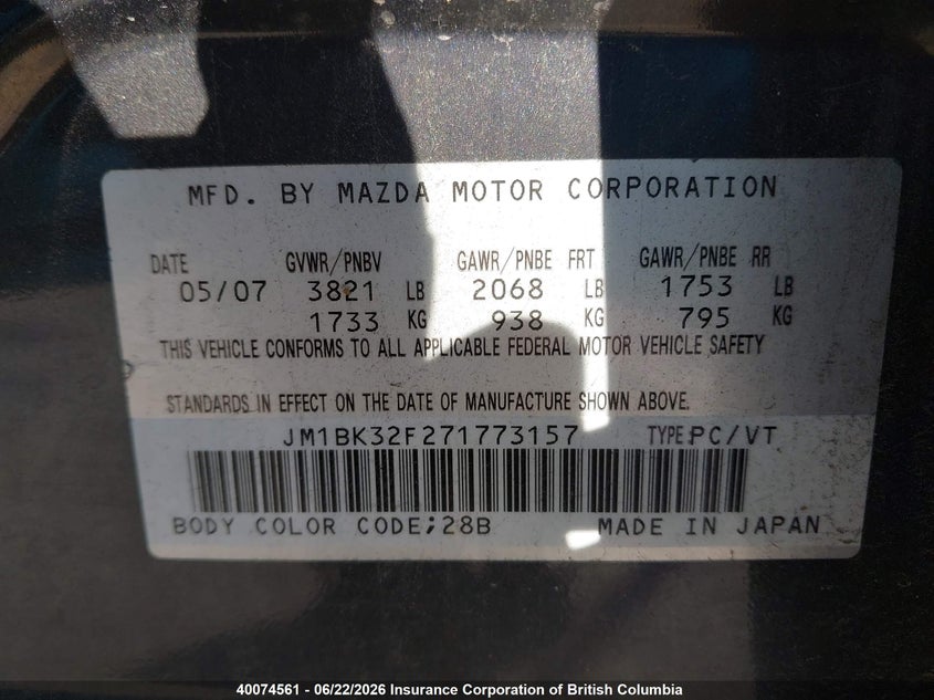 2007 Mazda 3 I VIN: JM1BK32F271773157 Lot: 40074561