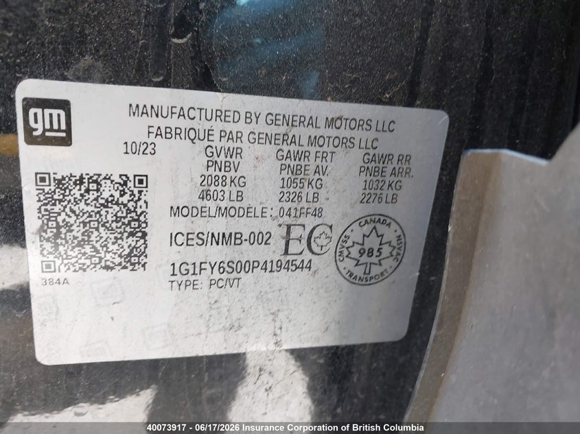 2023 Chevrolet Bolt Euv Lt VIN: 1G1FY6S00P4194544 Lot: 40073917