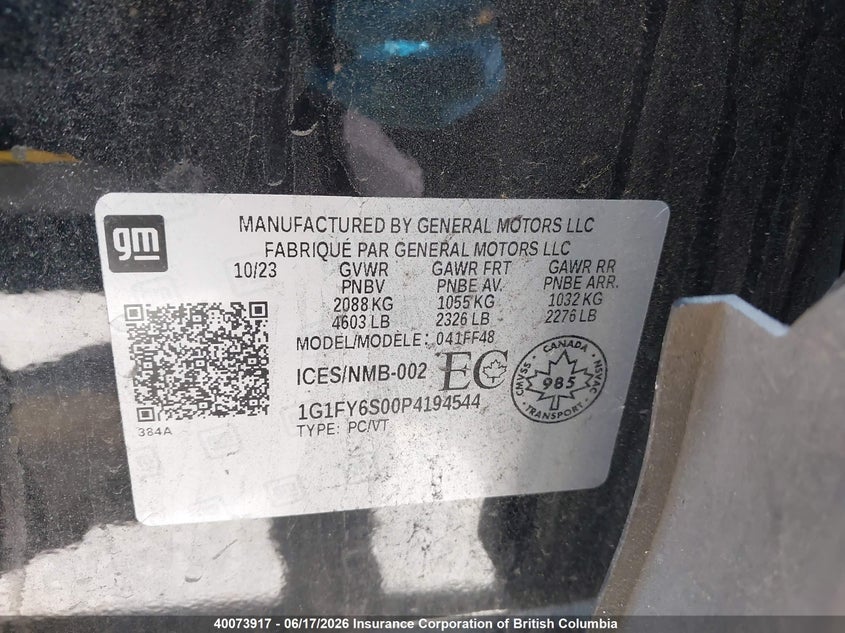 2023 Chevrolet Bolt Euv Lt VIN: 1G1FY6S00P4194544 Lot: 40073917