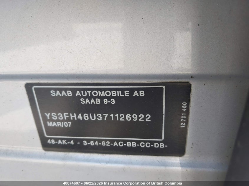 2007 Saab 9-3 Aero VIN: YS3FH46U371126922 Lot: 40074607