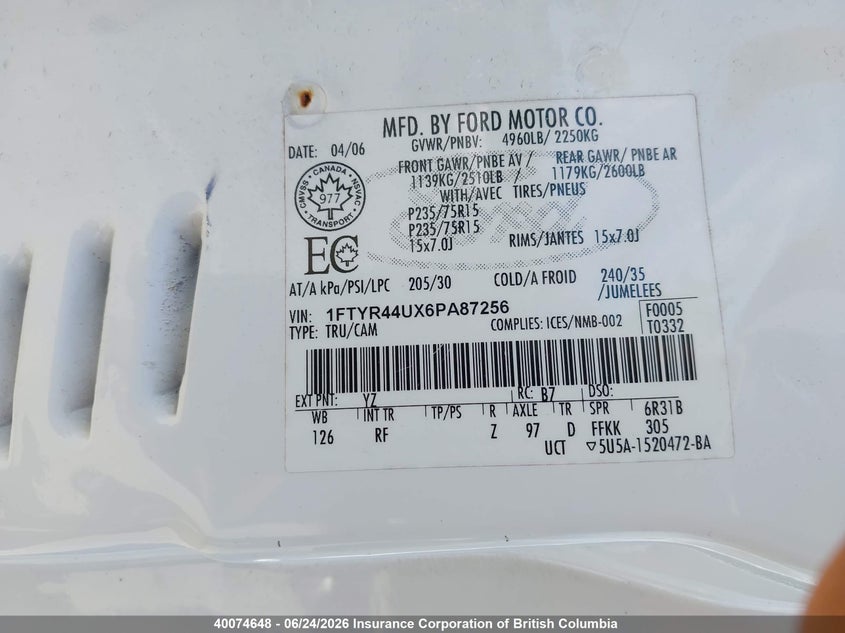 2006 FORD RANGER PICKUP 3.0L V6 FI F