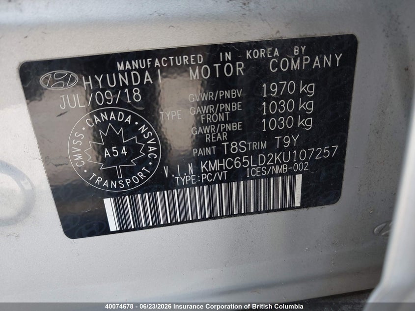 2019 Hyundai Ioniq VIN: KMHC65LD2KU107257 Lot: 40074678