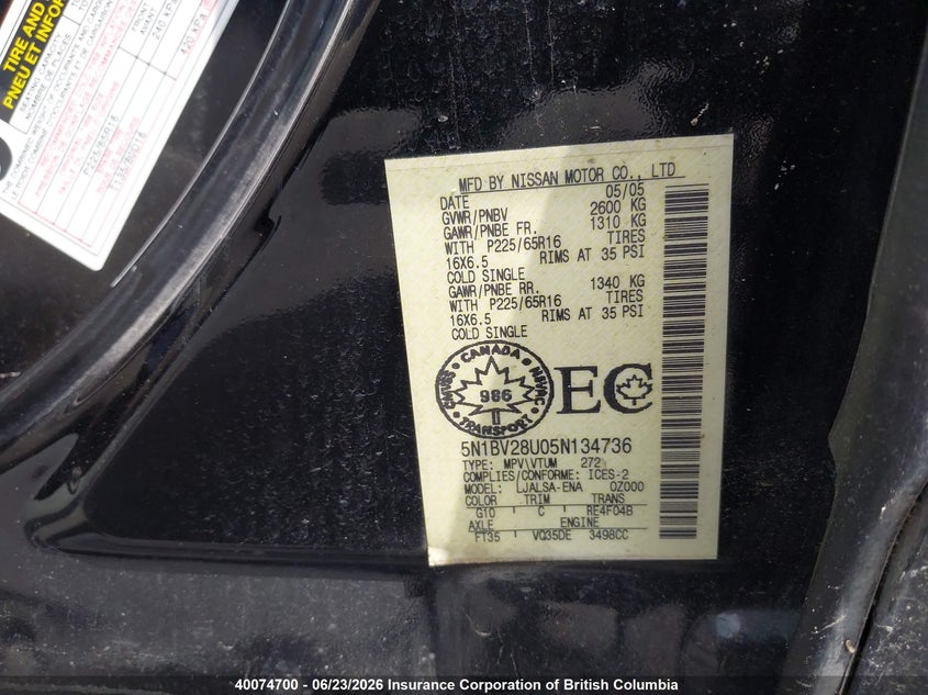 2005 Nissan Quest VIN: 5N1BV28U05N134736 Lot: 40074700