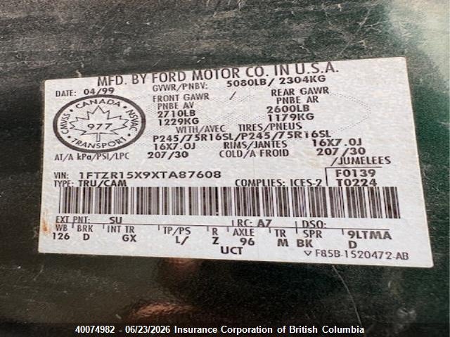 1999 FORD RANGER PICKUP 4.0L V6 FI F