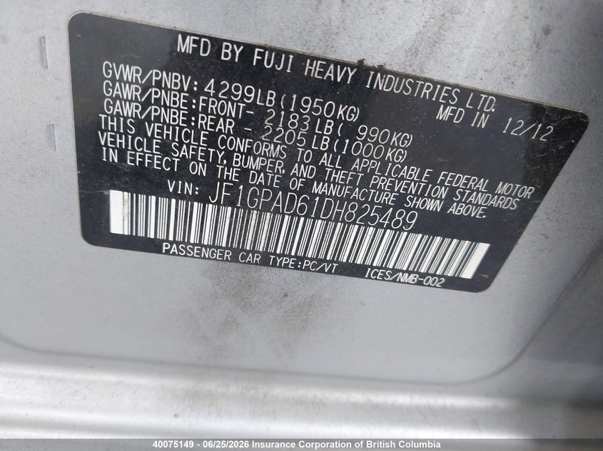 2013 SUBARU IMPREZA SEDAN 2.0L H4 FI SOHC 16V NF4