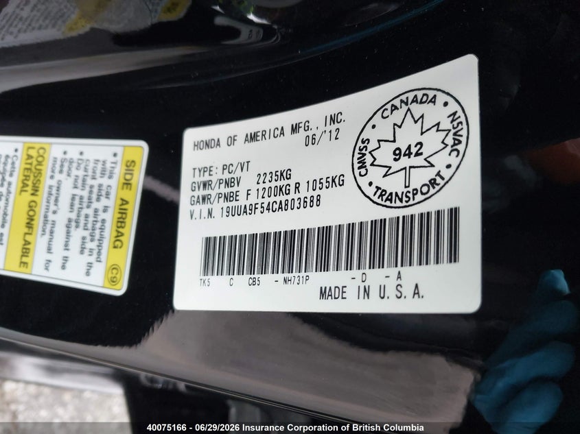 2012 ACURA TL SEDAN 3.7L V6 FI SOHC 24V NF4