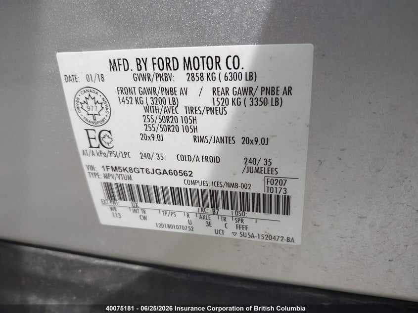 2018 FORD EXPLORER SPORT SPORT UTILITY VEHICLE 3.5L V6 FI DOHC 24V NF4