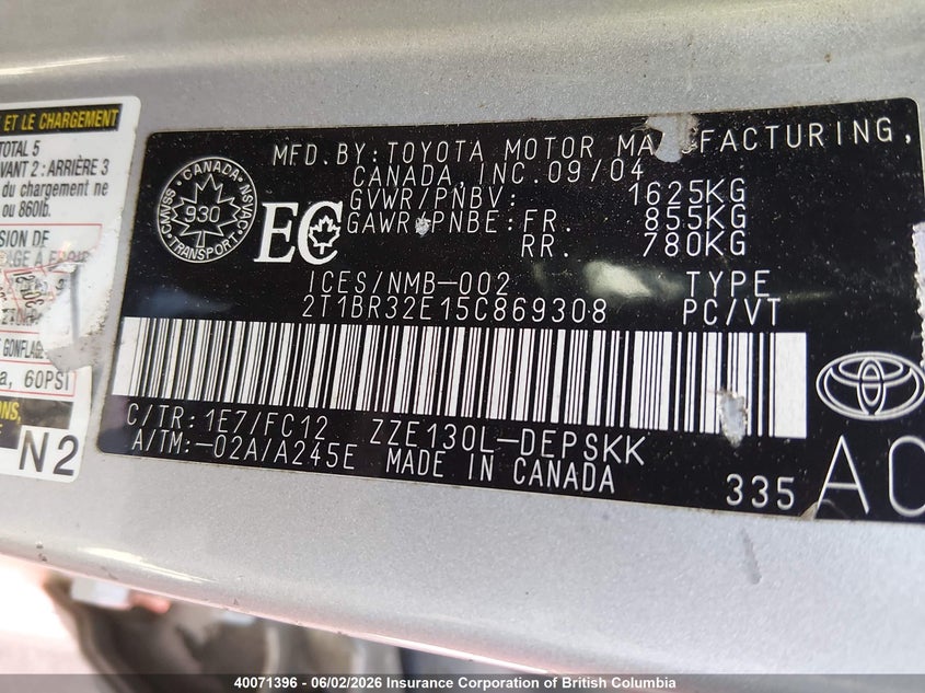 2005 TOYOTA COROLLA SEDAN 1.8L I-4 DOHC, VVT, 130HP