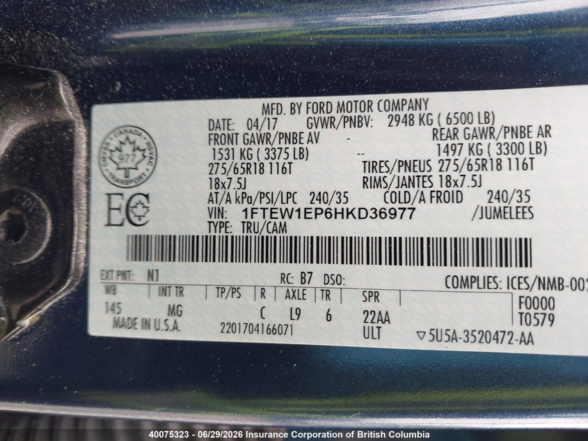 2017 FORD F-150 COUPE 2.7L V6 FI DOHC 24V NF4