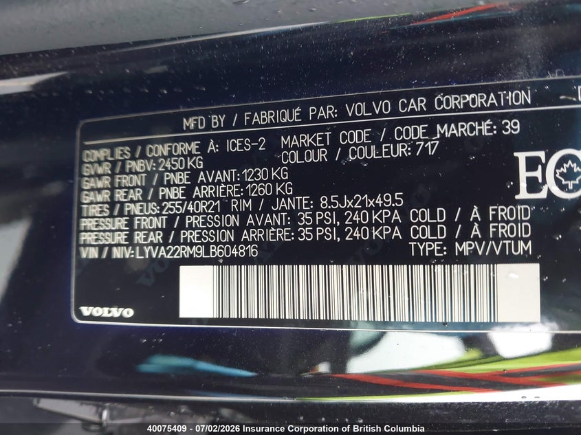 2020 VOLVO XC60 SPORT UTILITY VEHICLE 2.0L I-4 DI, DOHC, VVT, TURBO/SUPERCHARGER, 316HP
