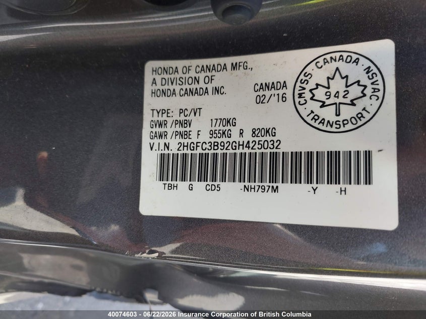 2016 HONDA CIVIC SEDAN 1.5L I-4 DI, DOHC, VVT, TURBO, 174HP