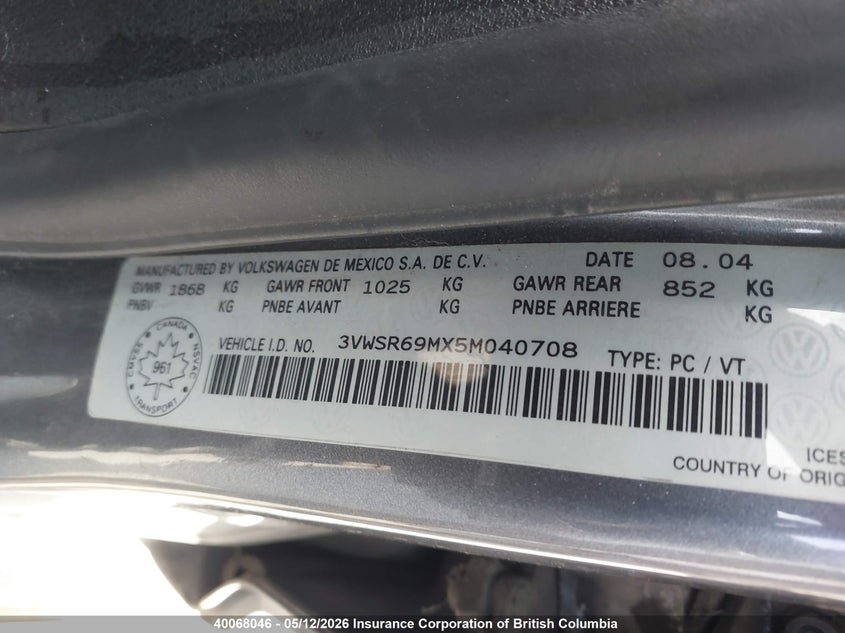 2005 VOLKSWAGEN JETTA SEDAN 1.9L I-4 DI, TURBO, 100HP