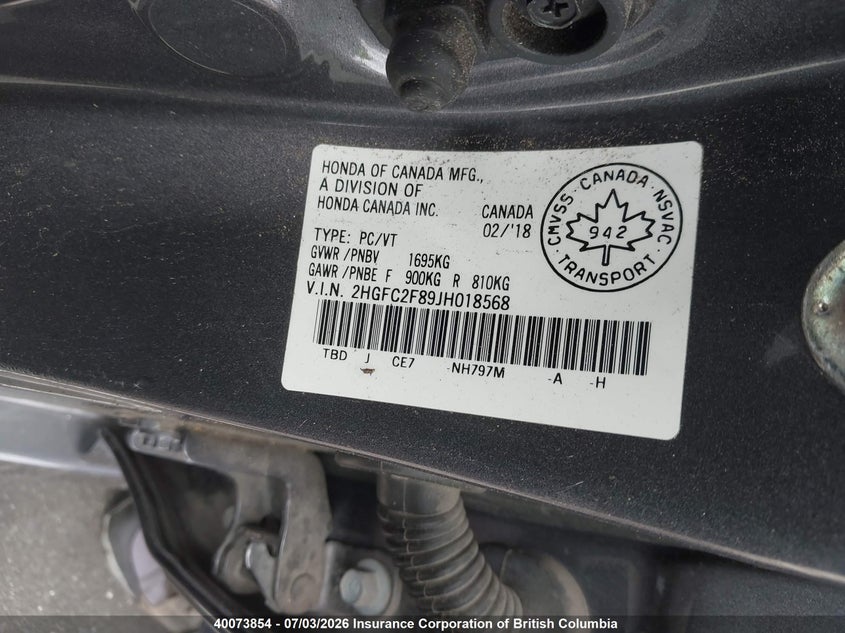2018 HONDA CIVIC SEDAN 2.0L I-4 DOHC, VVT, 158HP