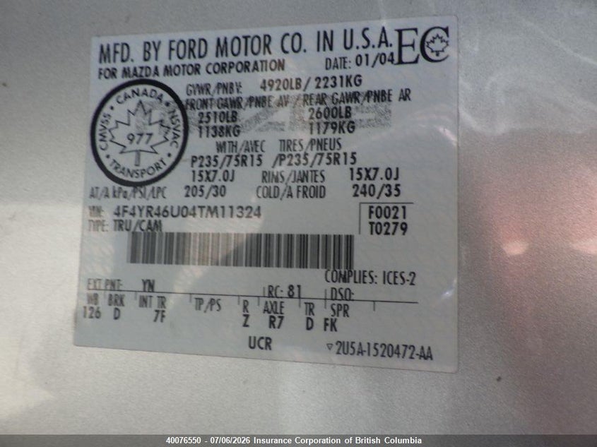 2004 MAZDA B-SERIES COUPE 3.0L V-6 154HP