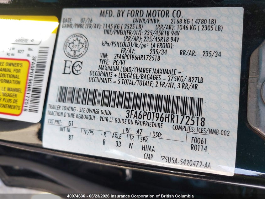 2017 FORD FUSION SEDAN 2.0L I-4 DI, DOHC, VVT, TURBO, 231HP