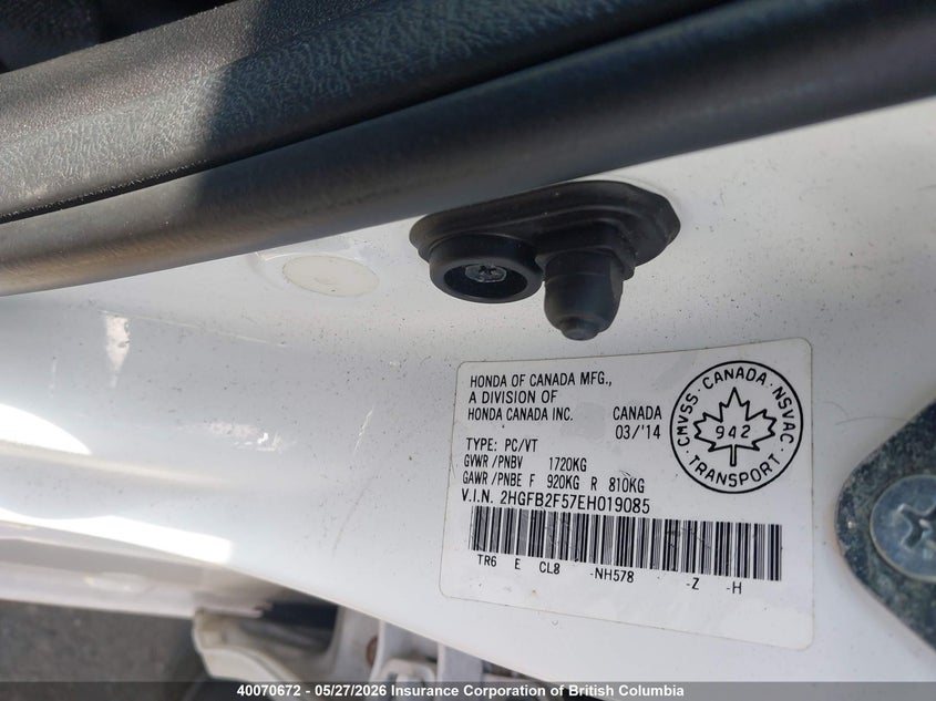 2014 Honda Civic Lx VIN: 2HGFB2F57EH019085 Lot: 40070672