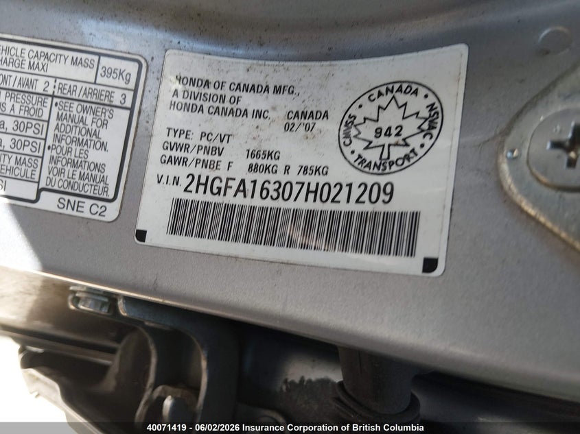 2007 HONDA CIVIC SEDAN 1.8L I-4 VVT, 140HP