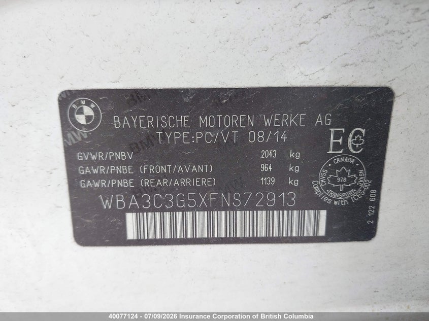2015 BMW 3ER SEDAN 2.0L I-4 DI, DOHC, VVT, TURBO, 181HP