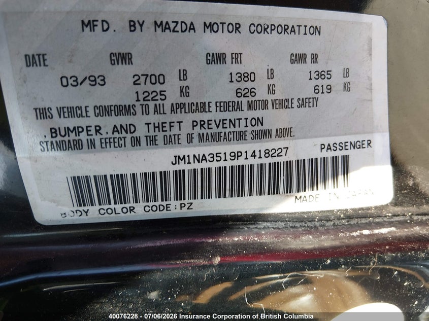 1993 Mazda Mx-5 Miata VIN: JM1NA3519P1418227 Lot: 40076228