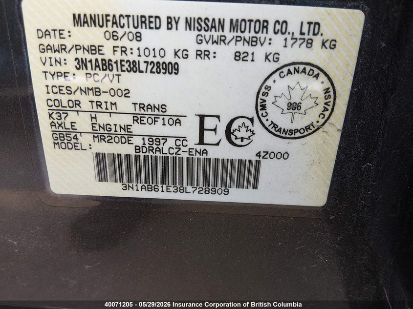 2008 Nissan Sentra 2.0 VIN: 3N1AB61E38L728909 Lot: 40071205
