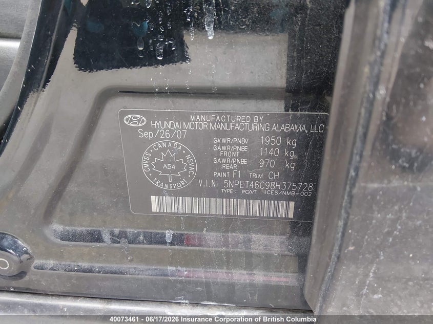 2008 Hyundai Sonata Gls VIN: 5NPET46C98H375728 Lot: 40073461