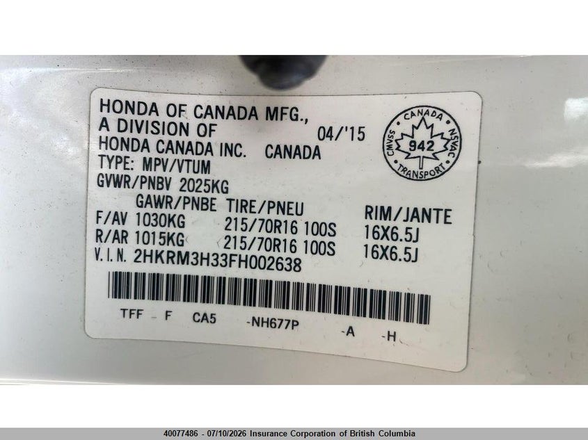 2015 HONDA CR-V SPORT UTILITY VEHICLE 2.4L I4 FI DOHC 16V NF4