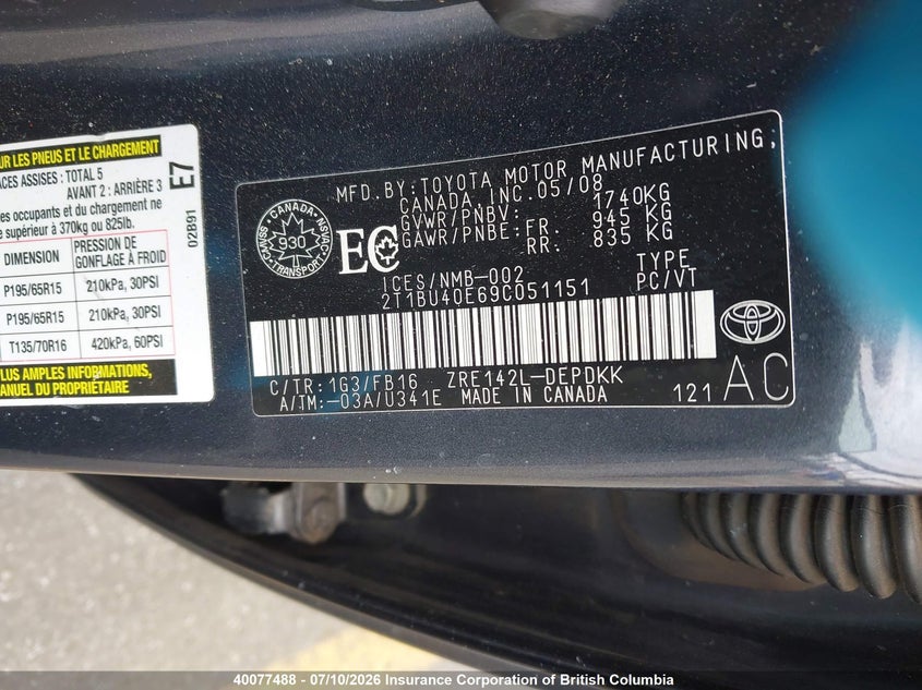 2009 TOYOTA COROLLA SEDAN 1.8L I4 FI DOHC 16V NF4