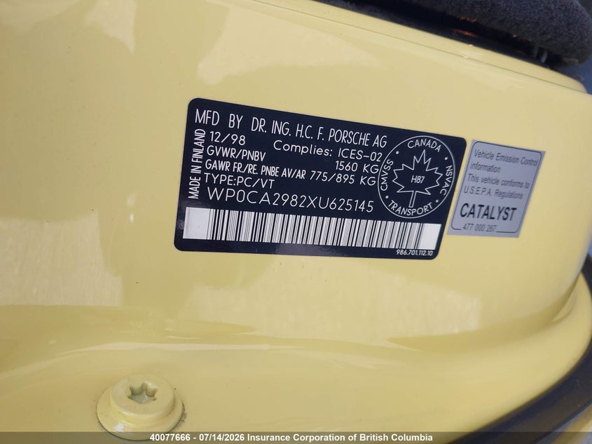 1999 PORSCHE BOXSTER CABRIO 2.5L H-6 DOHC, VVT, 201HP