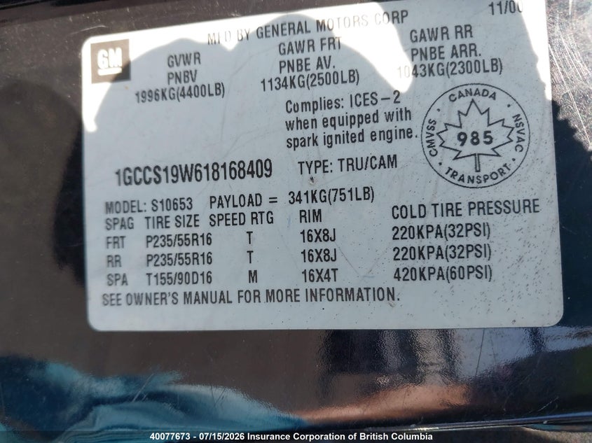 2001 CHEVROLET N/A PICKUP 4.3L V6 FI OHV 12V F2