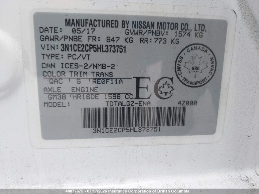 2017 Nissan Versa VIN: 3N1CE2CP5HL373751 Lot: 40077675