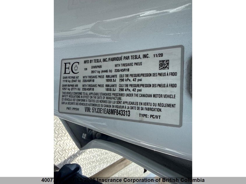 2021 Tesla Model 3 VIN: 5YJ3E1EA8MF843313 Lot: 40077767