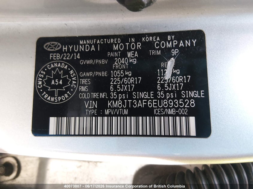 2014 Hyundai Tucson Gls VIN: KM8JT3AF6EU893528 Lot: 40073807