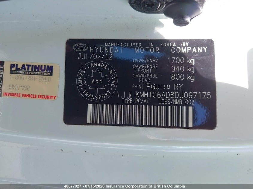 2013 HYUNDAI VELOSTER COUPE 1.6L I4 FI DOHC 16V NF4