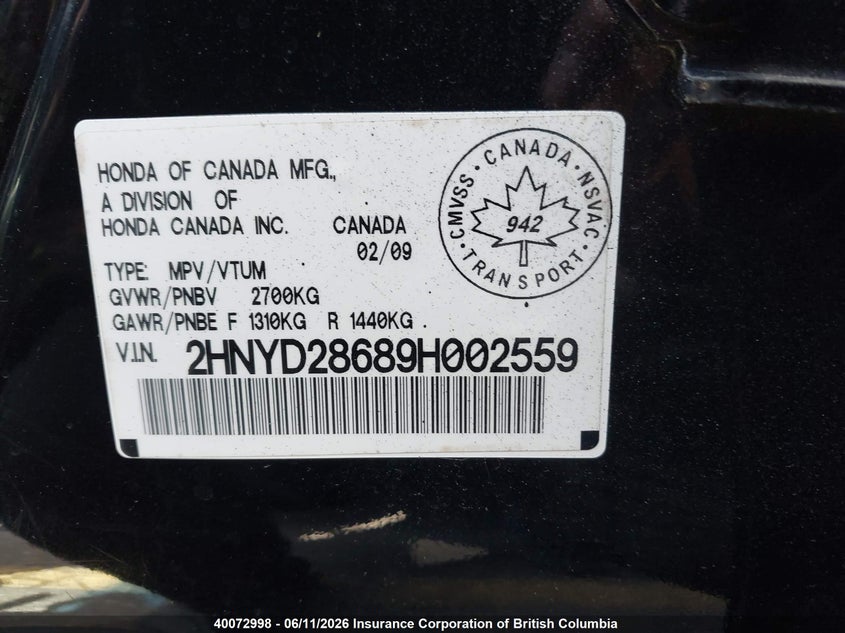 2009 Acura Mdx Technology VIN: 2HNYD28689H002559 Lot: 40072998
